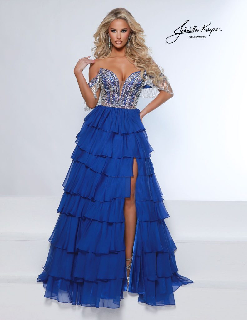 Royal blue off-shoulder evening gown with rhinestone bodice, high slit, and cascading ruffle skirt - stunning choice for prom, homecoming court, or pageants.